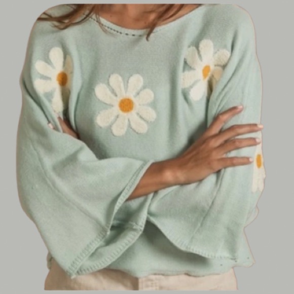 Kiera Embroidered Flower Sweater Top Seafoam - Picture 6 of 6